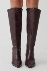 Sarah Faux Leather Crocodile Boot - Chocolate