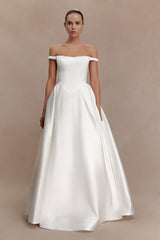 Willow Off Shoulder Satin Maxi Gown - White