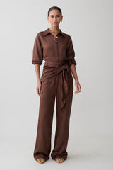 Gia Wrapped Tie Satin Pants - Chocolate