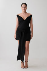 Runa Off Shoulder Mini Dress With Waist Tie - Black