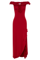 Allegra Off Shoulder Ruffle Midi Dress - Ruby