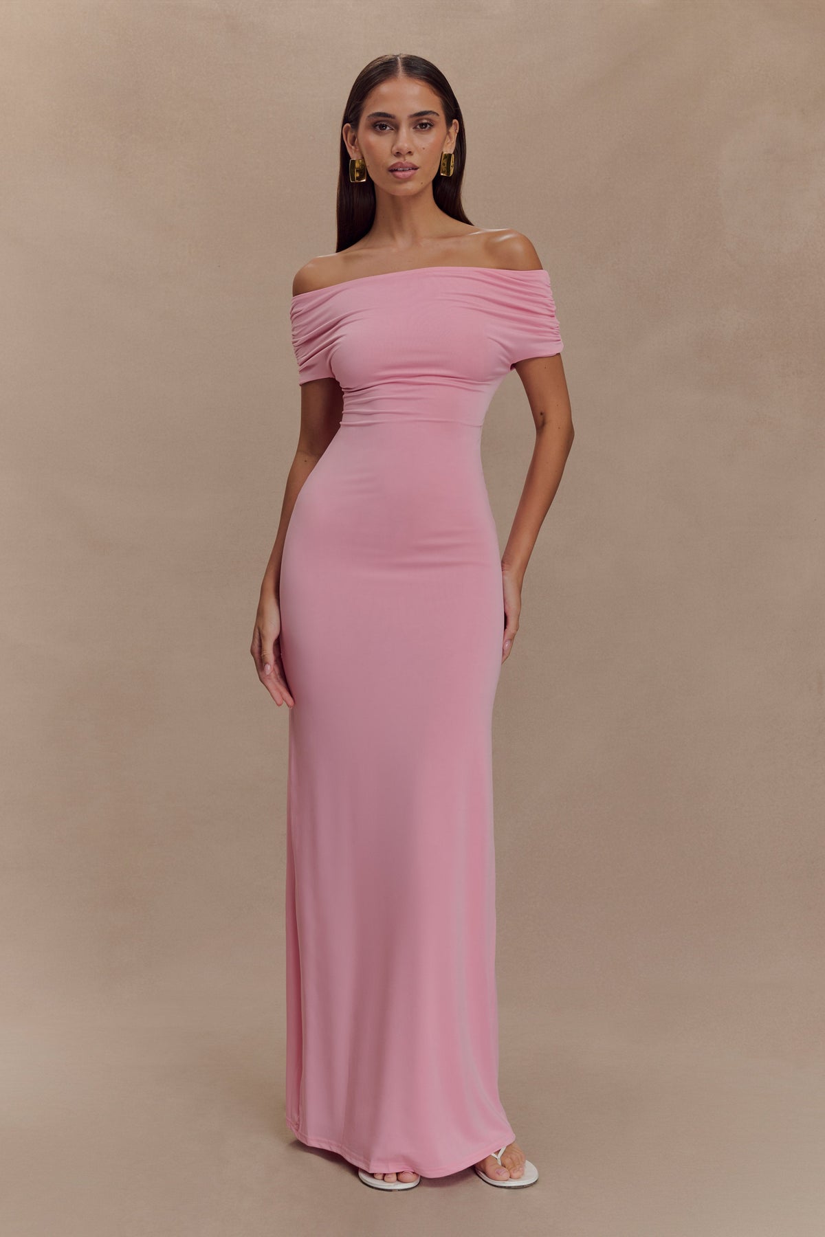 Imogen Off Shoulder Slinky Maxi Dress - Candy Pink