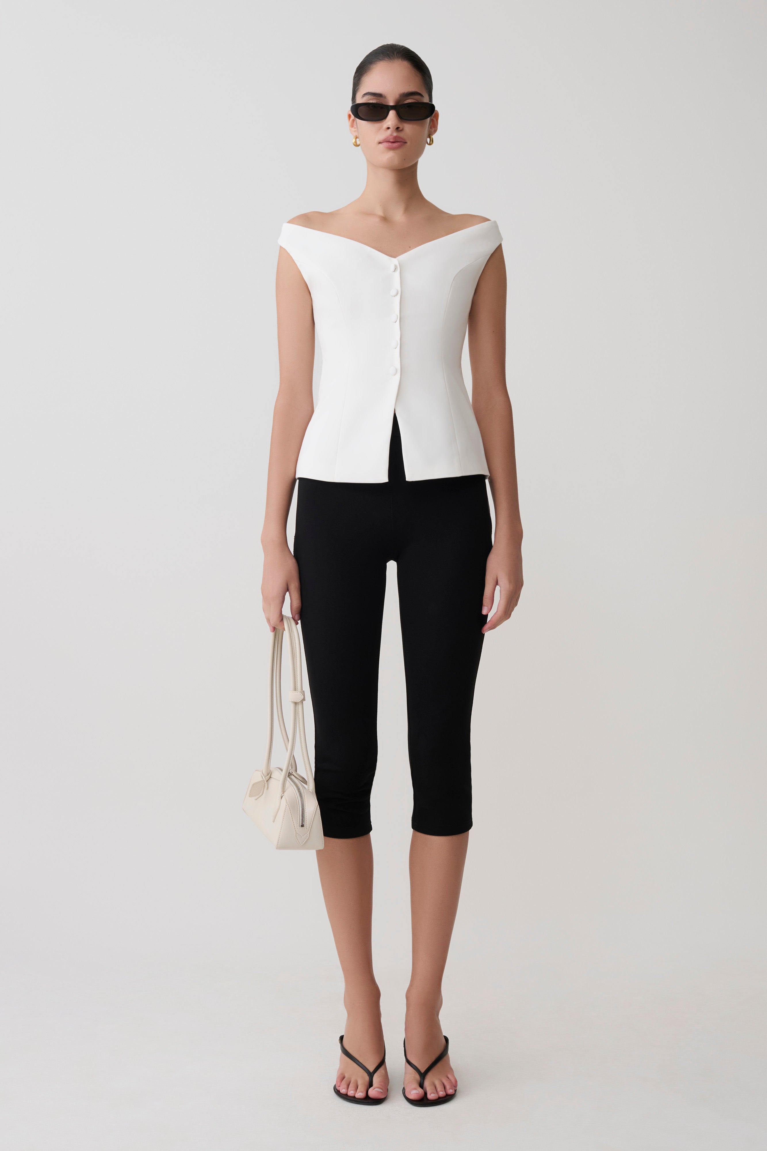 Billie Off Shoulder Sleeveless Button Top - White
