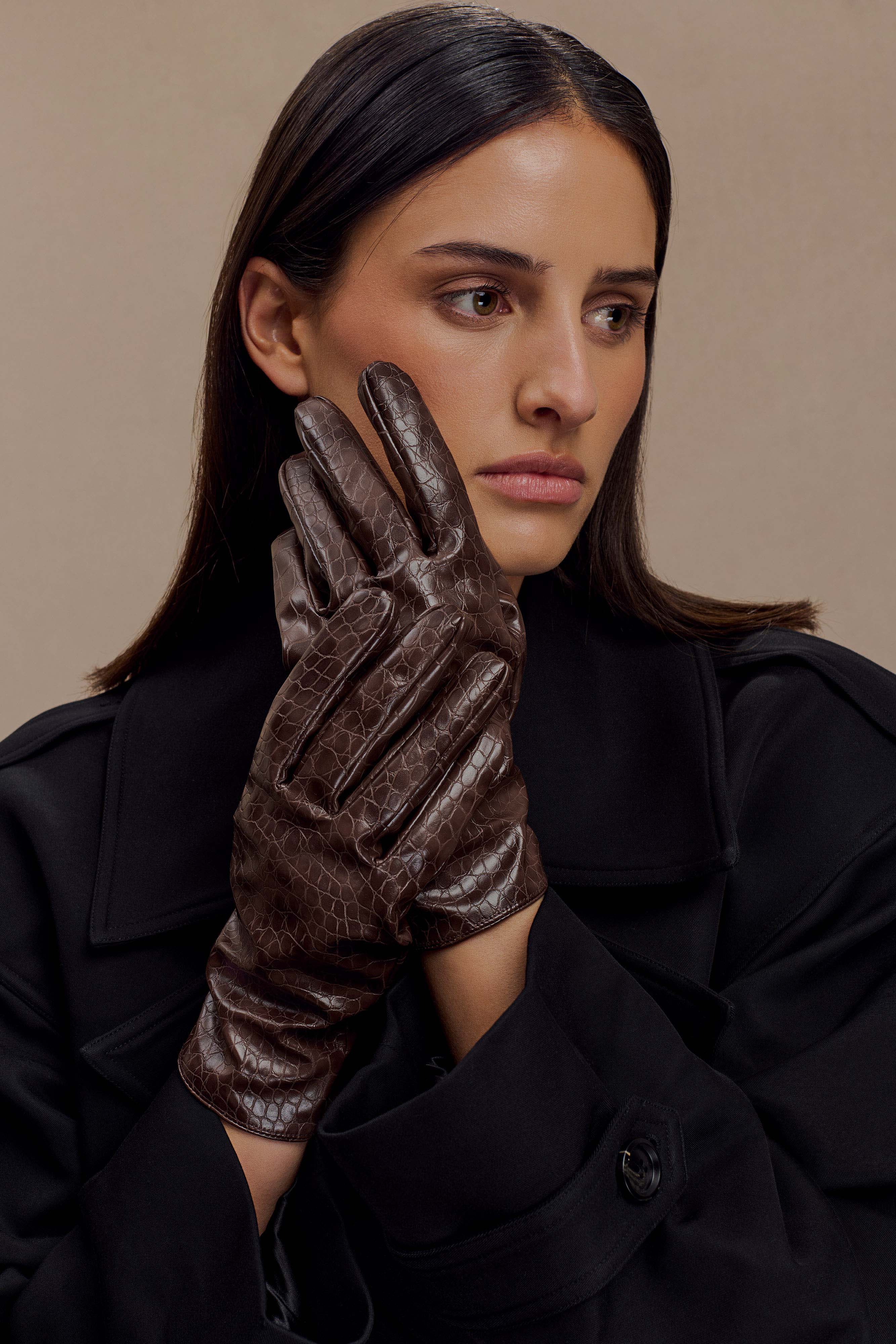 Atlas Faux Leather Crocodile Gloves - Chocolate