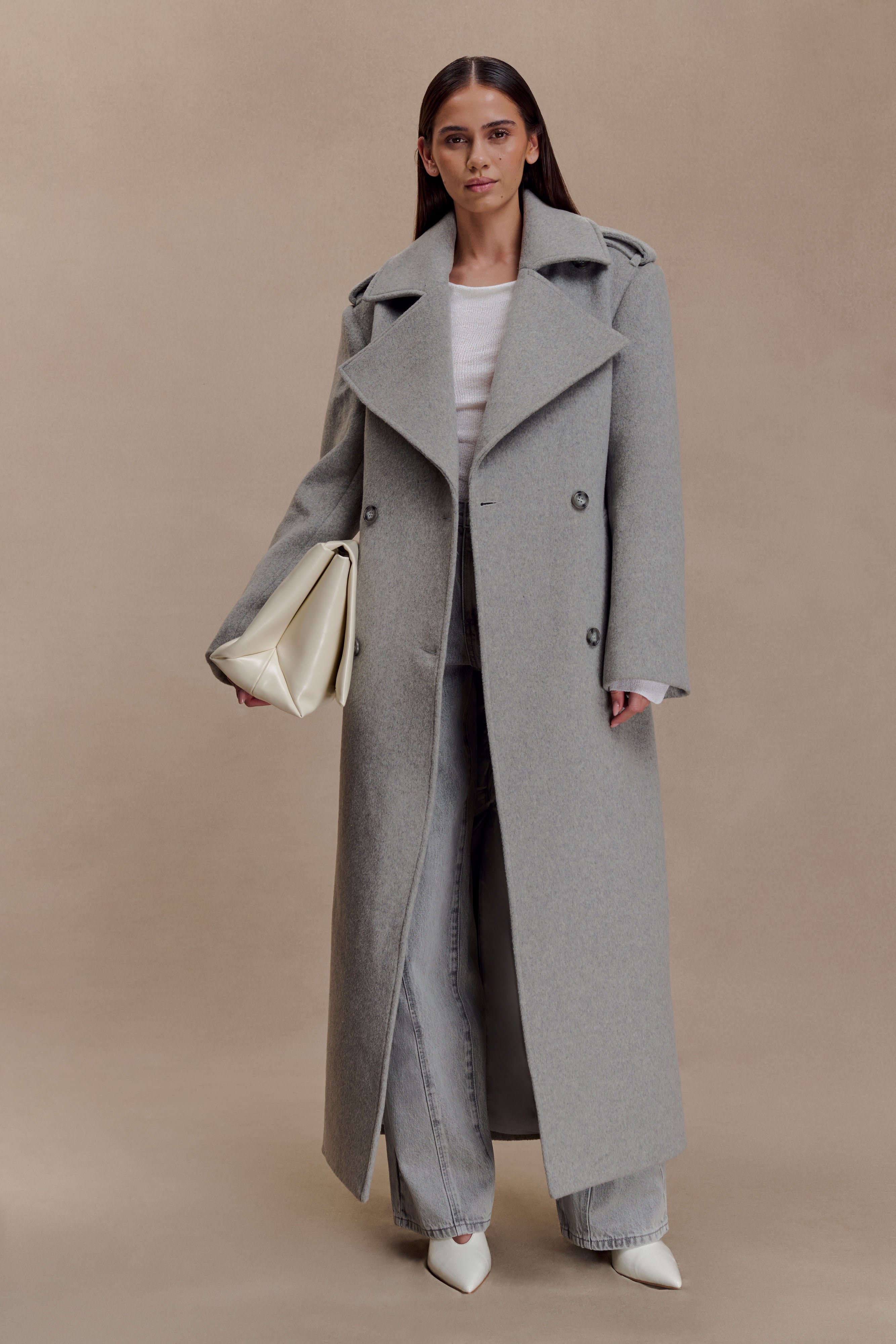Levi Long Trench Wool Coat - Grey Marle