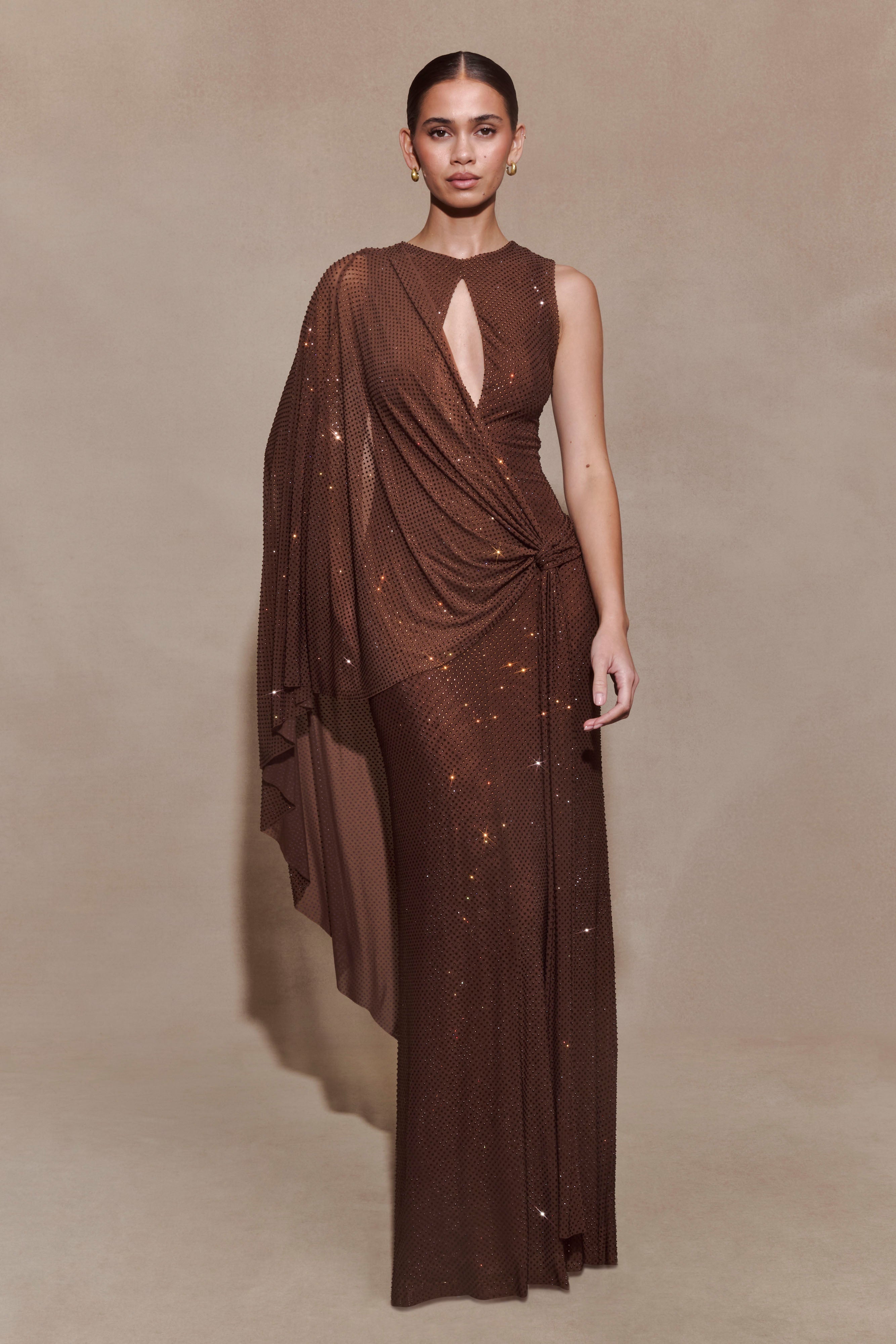 Bakari Diamante Cape Maxi Dress - Chocolate