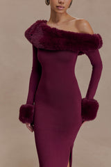 Karleigh Faux Fur Knit Maxi Dress - Plum