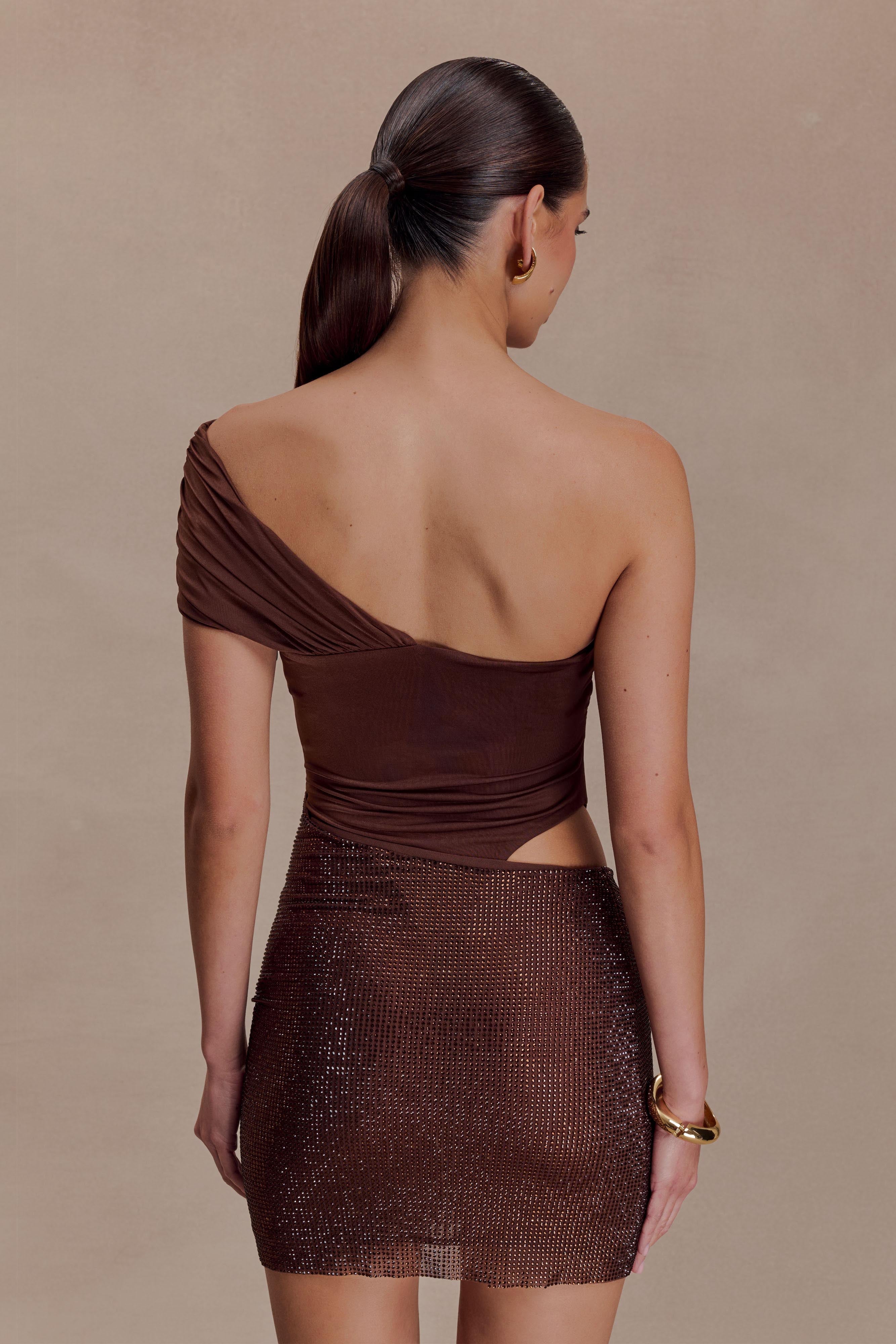 Paisley Slinky And Diamante Mini Dress - Chocolate