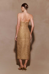 Gala Strapless Tweed Midi Dress - Gold