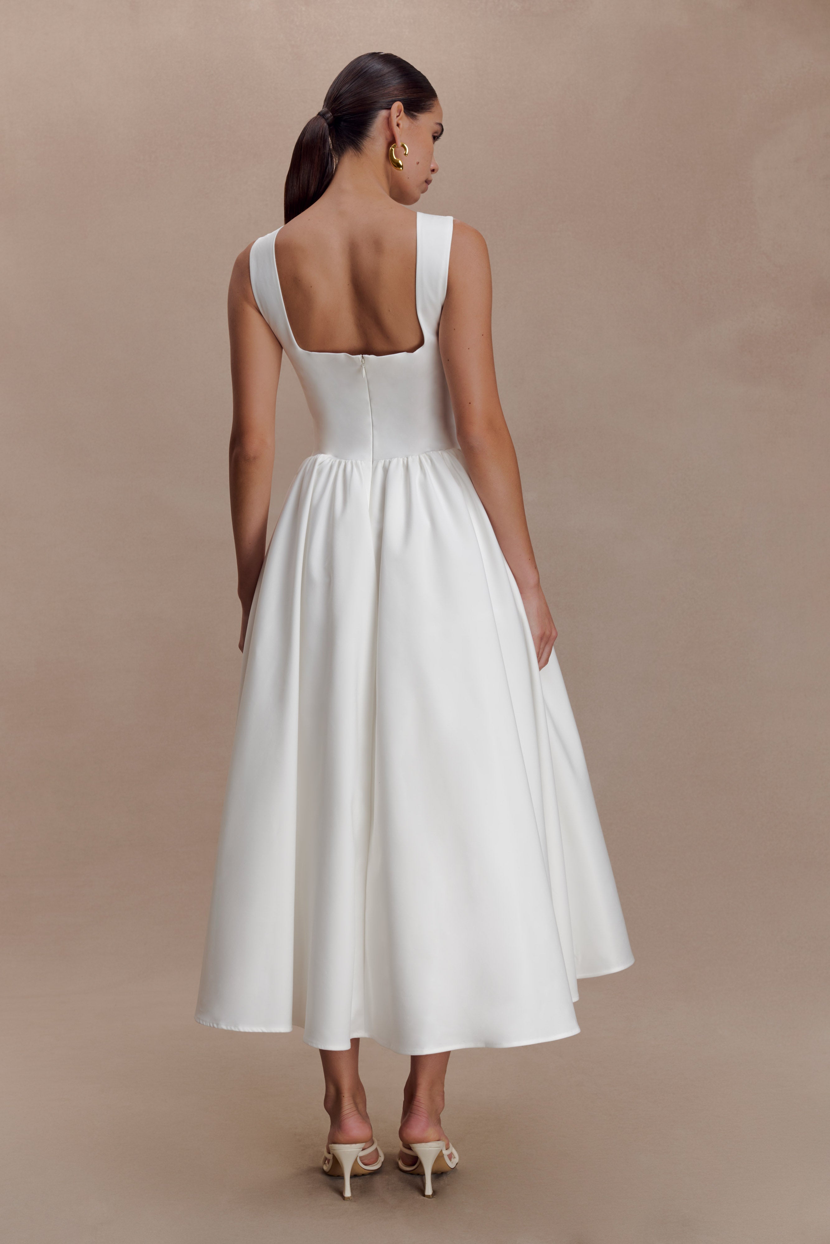Monika Gathered Waist Cotton Midi Dress - White