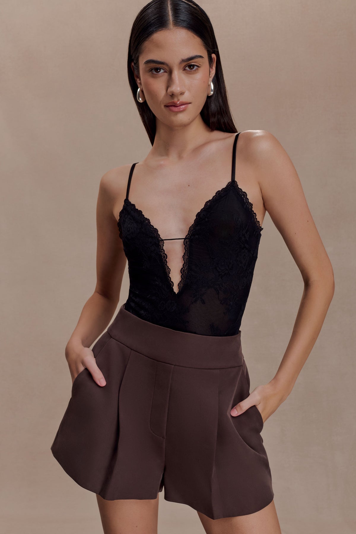 Jasper Sheer Plunge Lace Bodysuit - Black