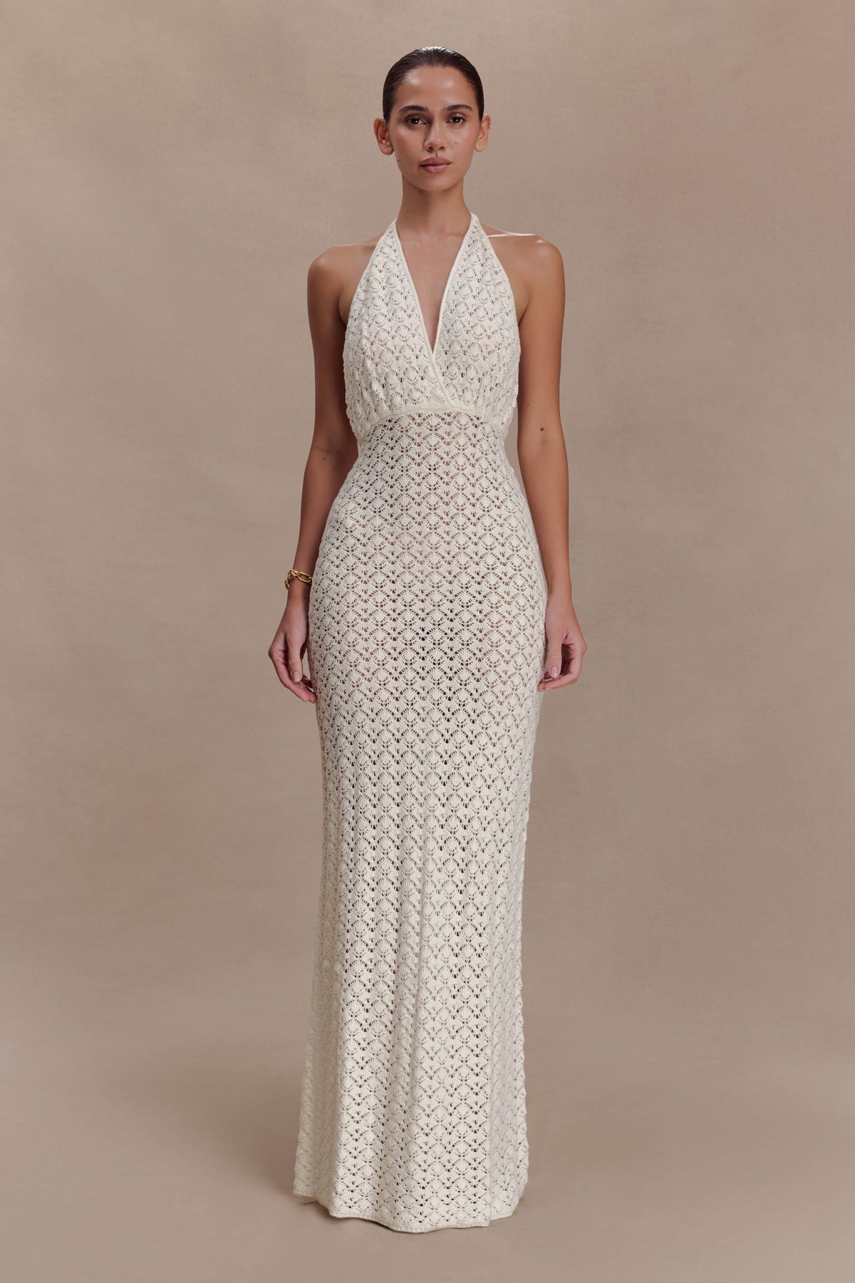 Deeliah Halterneck Crochet Maxi Dress -  Ivory