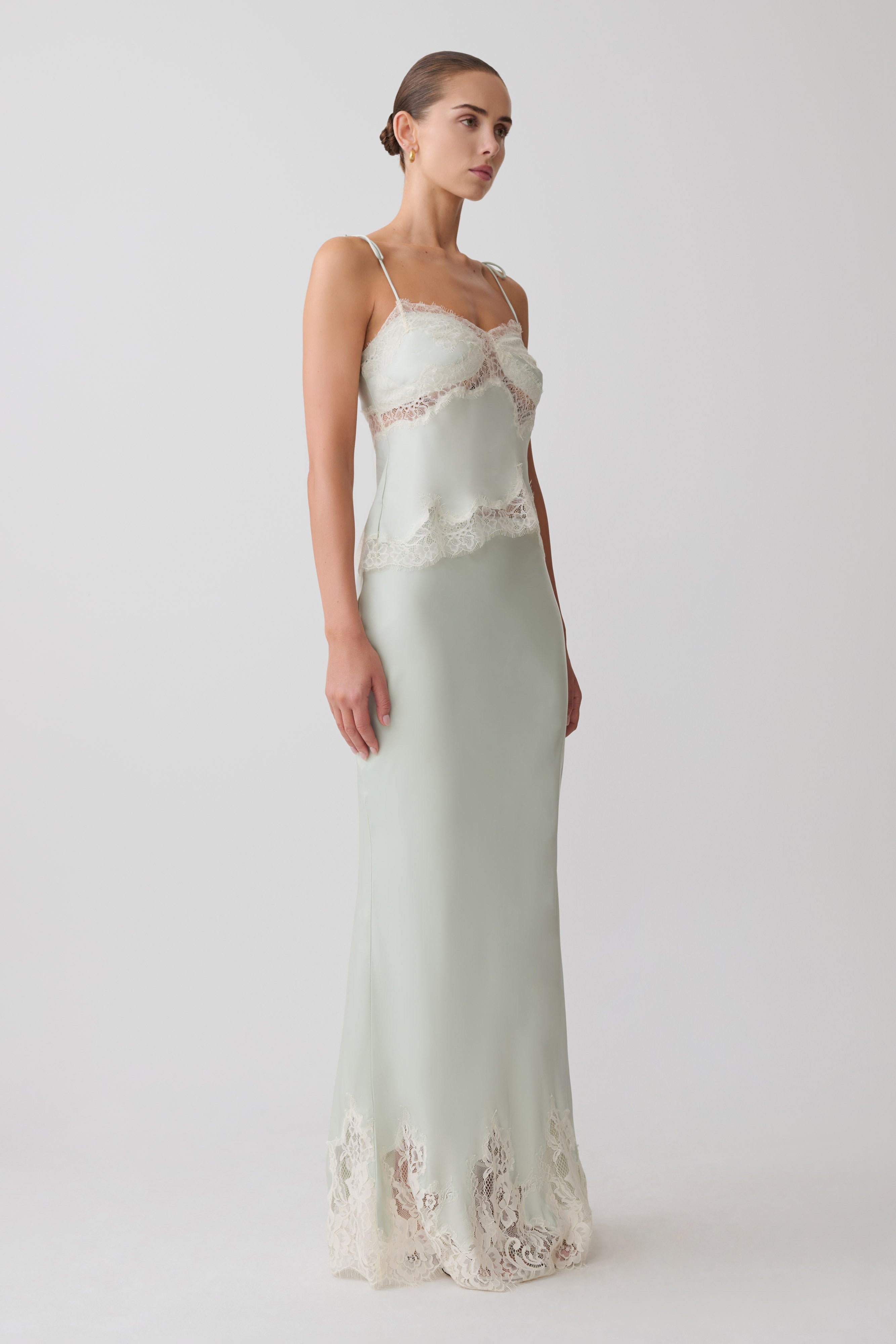 Nina Satin And Lace Maxi Skirt - Sage