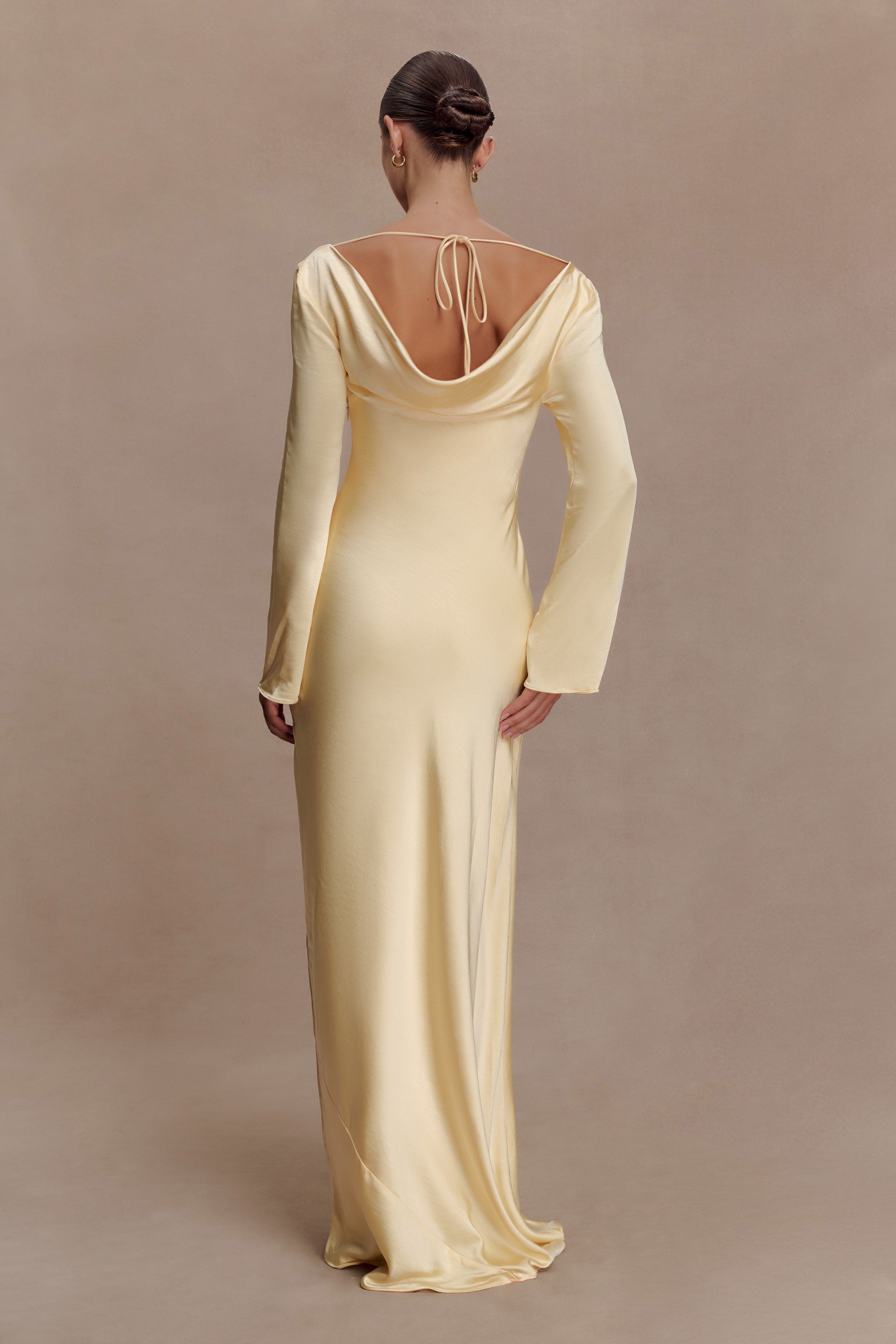 Eliza Long Sleeve Cowl Lace And Satin Maxi Dress - Lemon