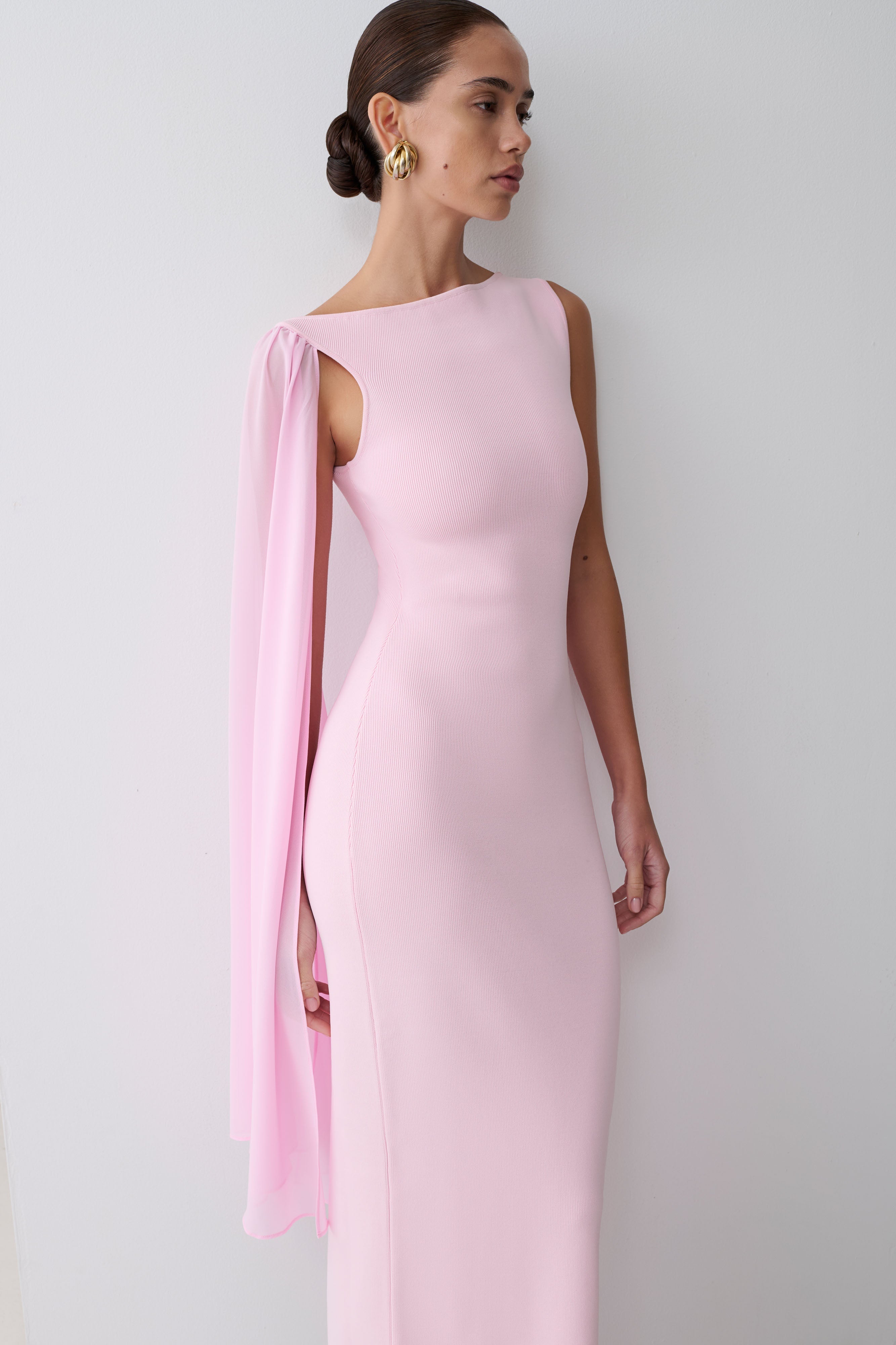 Farid Bandage Midi Dress With Chiffon - Baby Pink