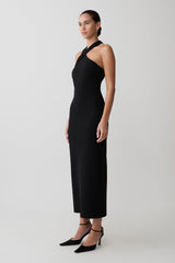 Sable Crossover Crepe Midi Dress - Black