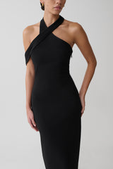 Sable Crossover Crepe Midi Dress - Black
