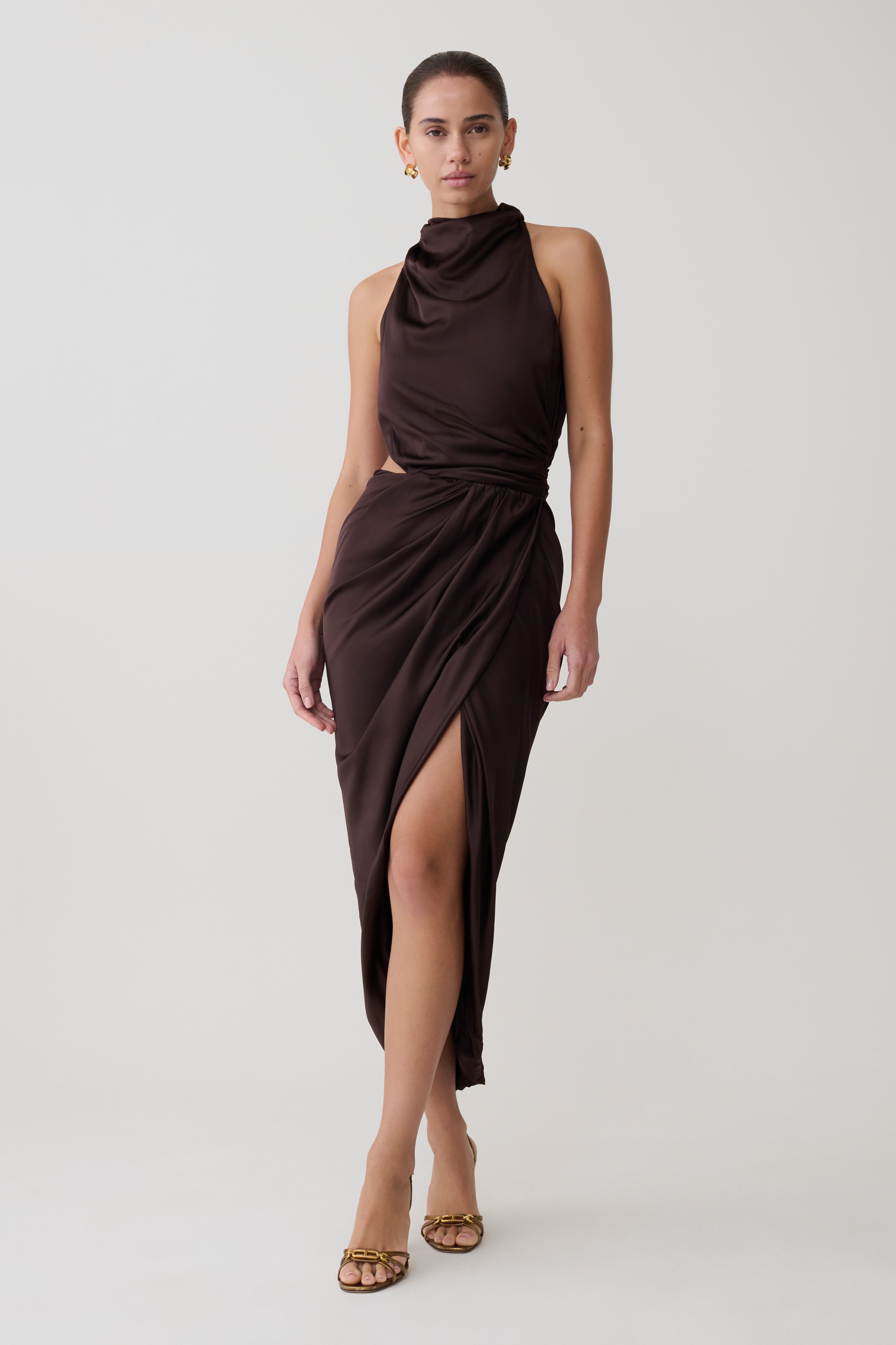 Aveline Draped Halter Midi Dress - Dark Chocolate