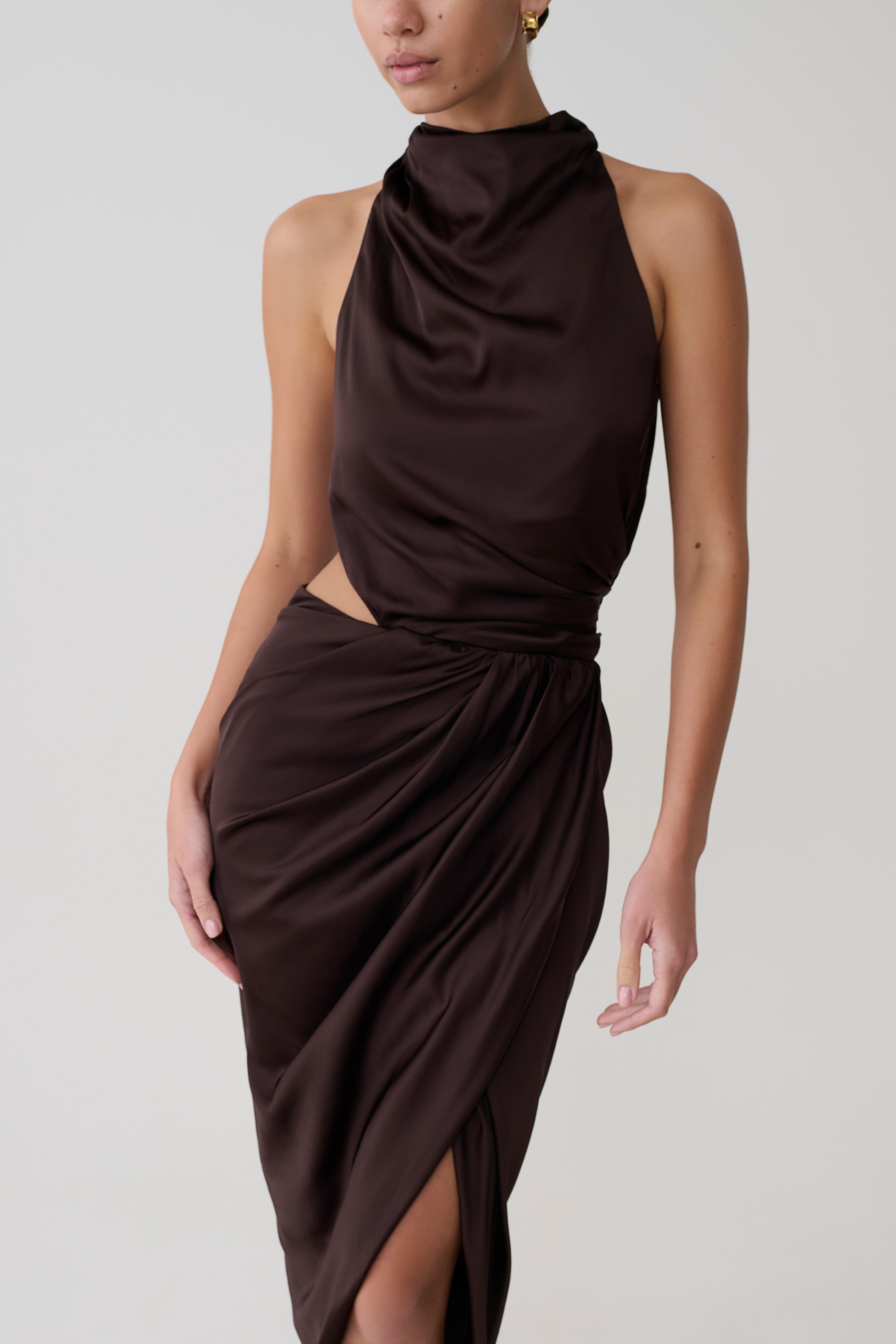 Aveline Draped Halter Midi Dress - Dark Chocolate
