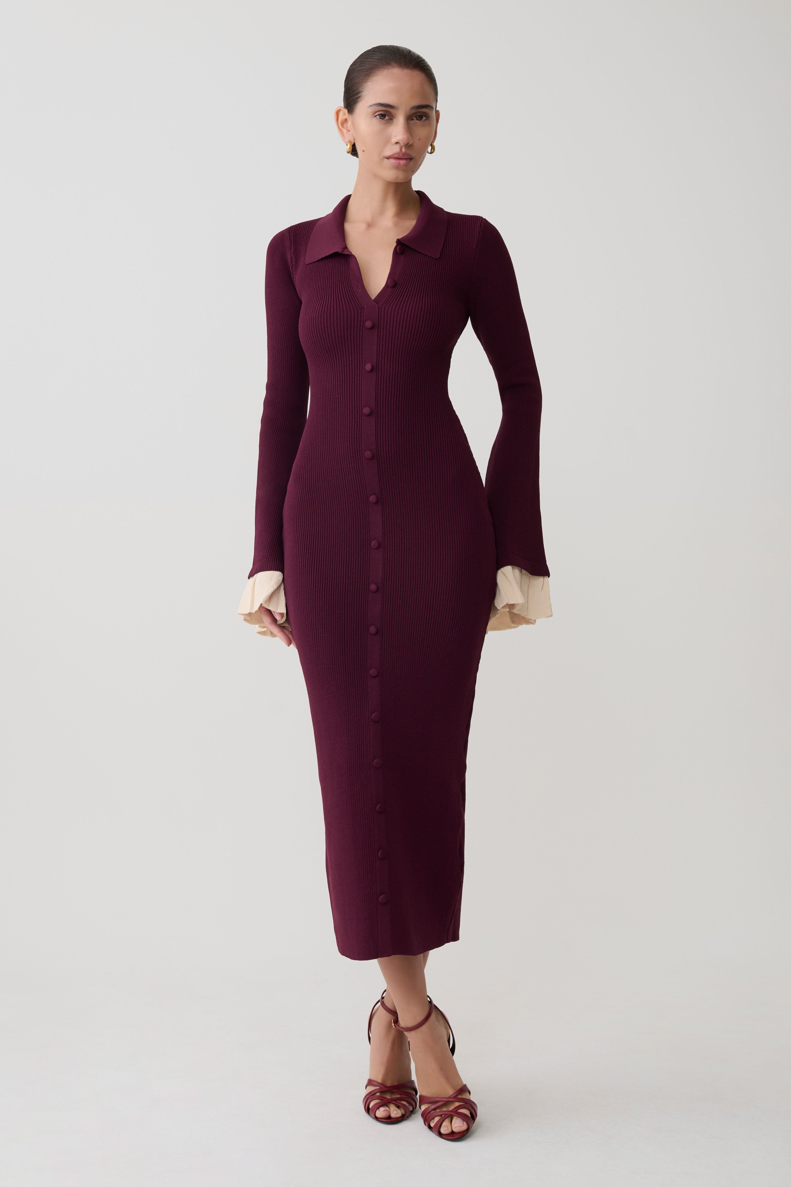 Amirose Ruffle Knit Midi Dress - Plum