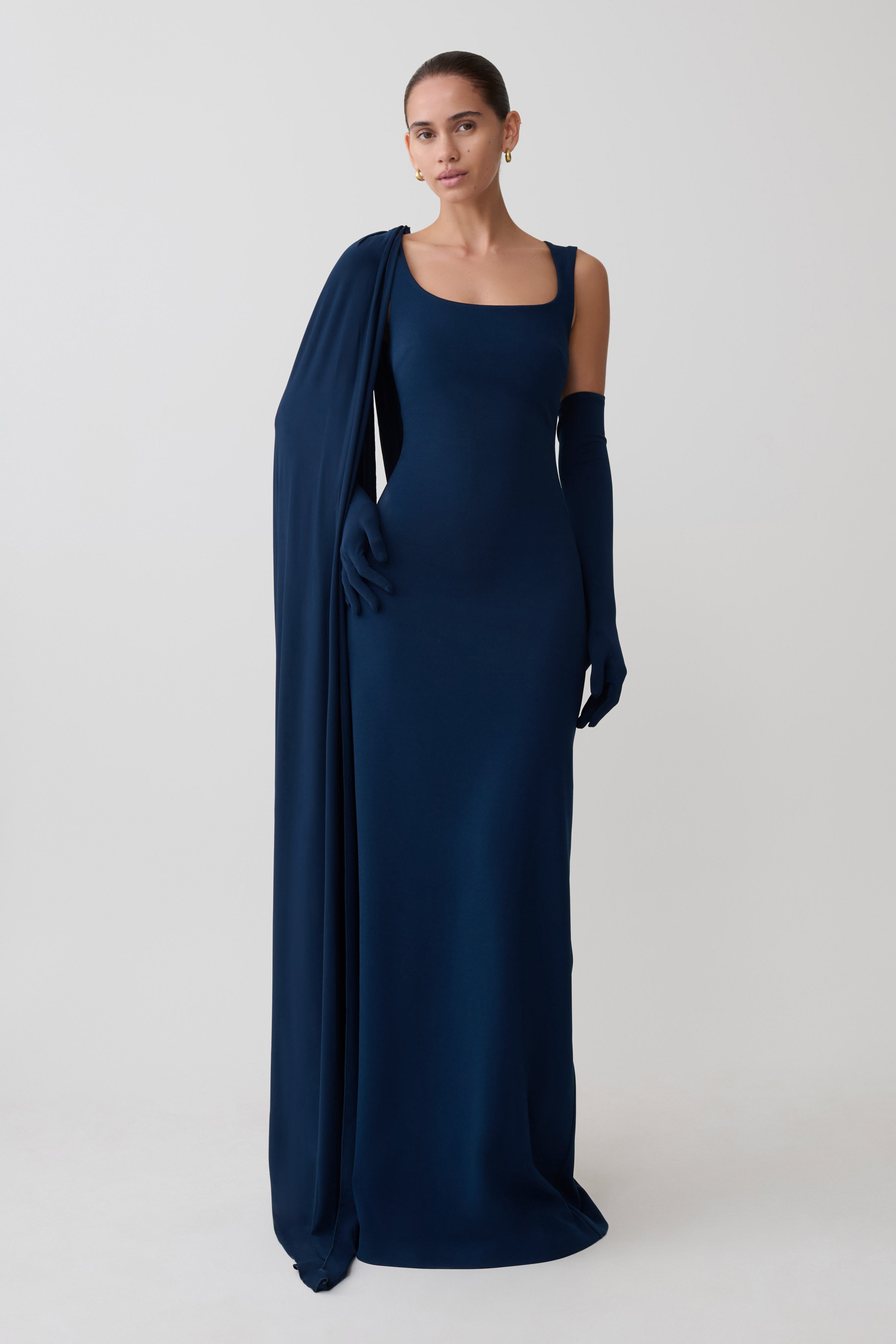 Rhea Detachable Cape Jersey Maxi Dress - Navy