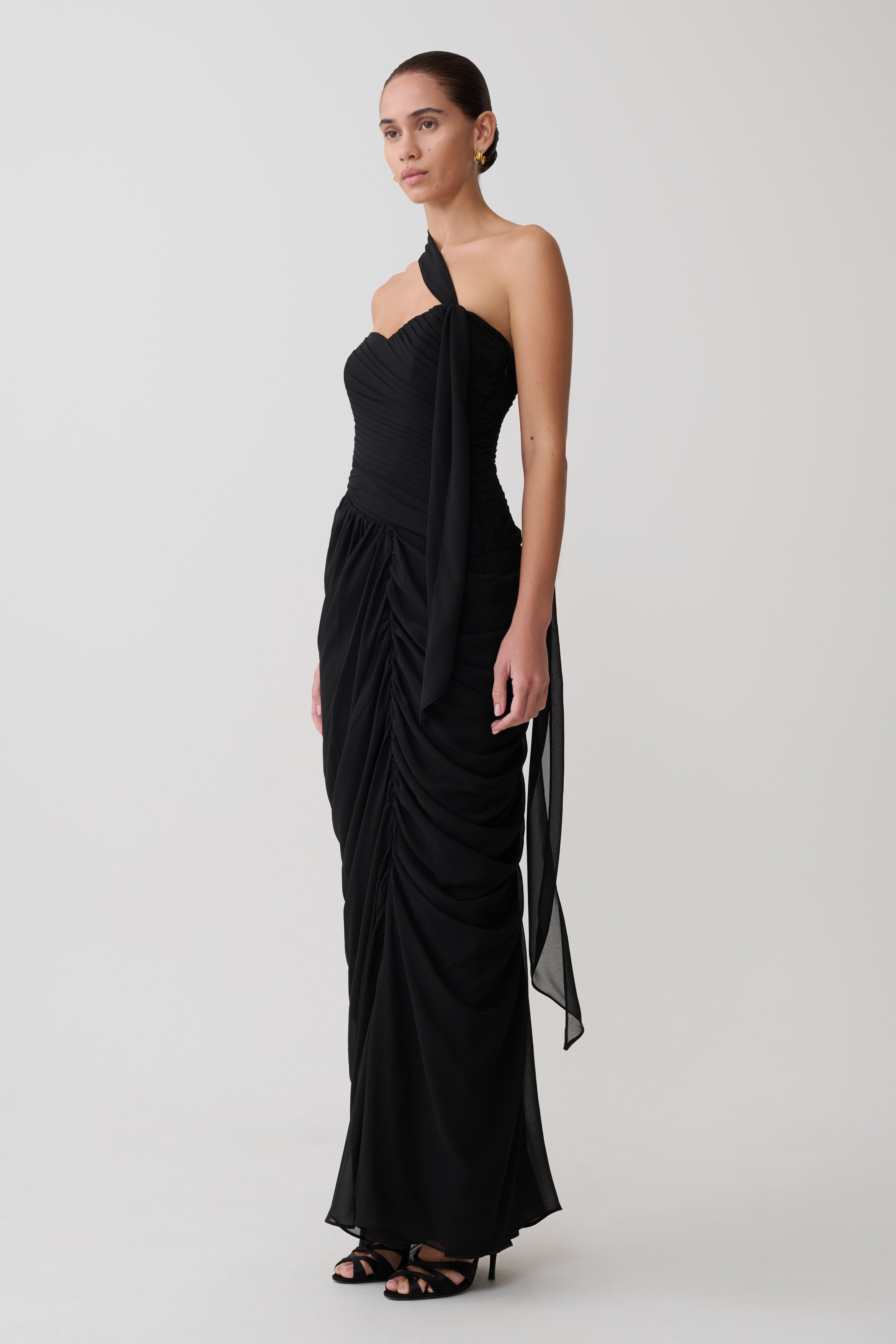 Micaela Chiffon Gathered Maxi Dress - Black