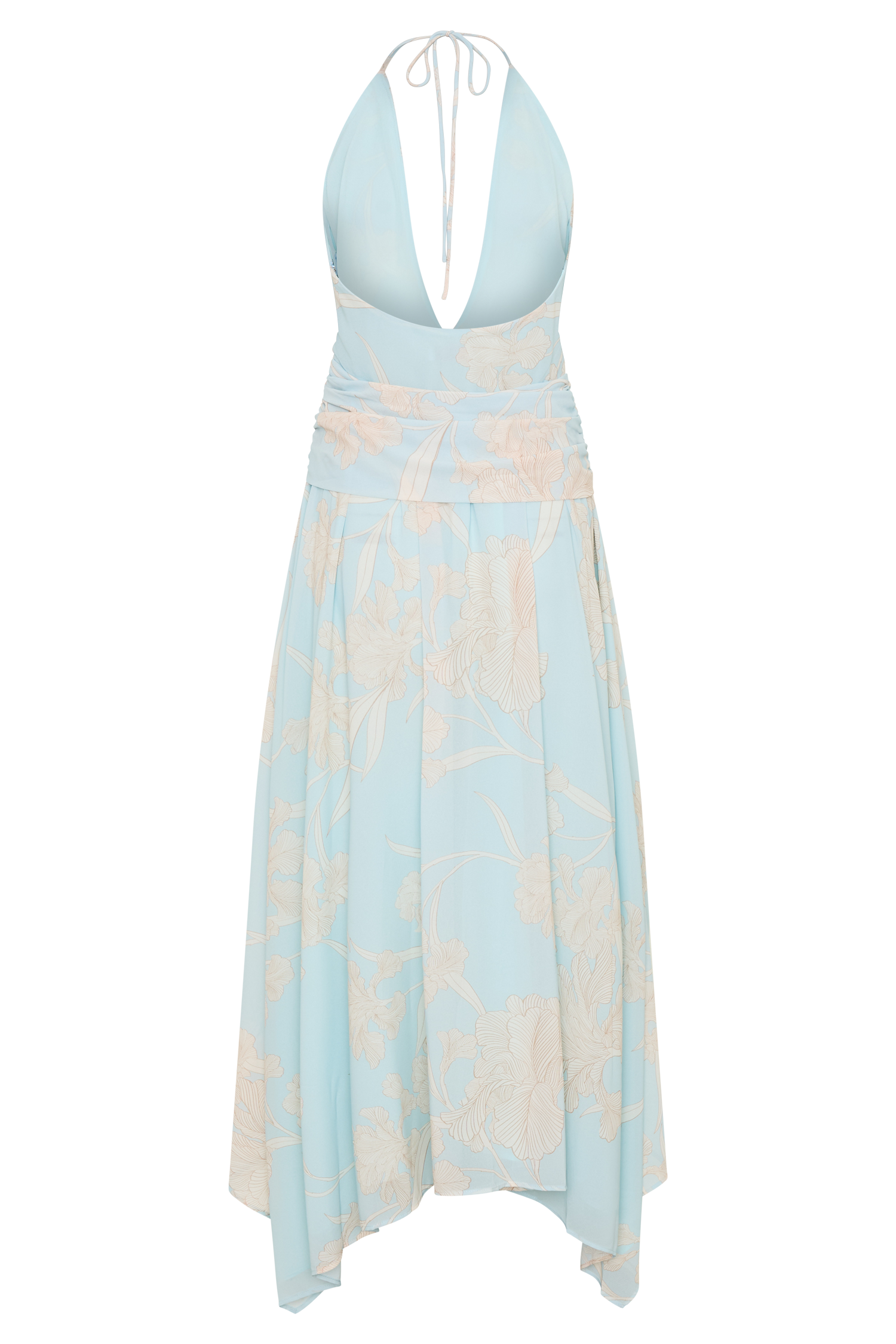 Cyra Plunge Chiffon Midi Dress - Blue Floral Print