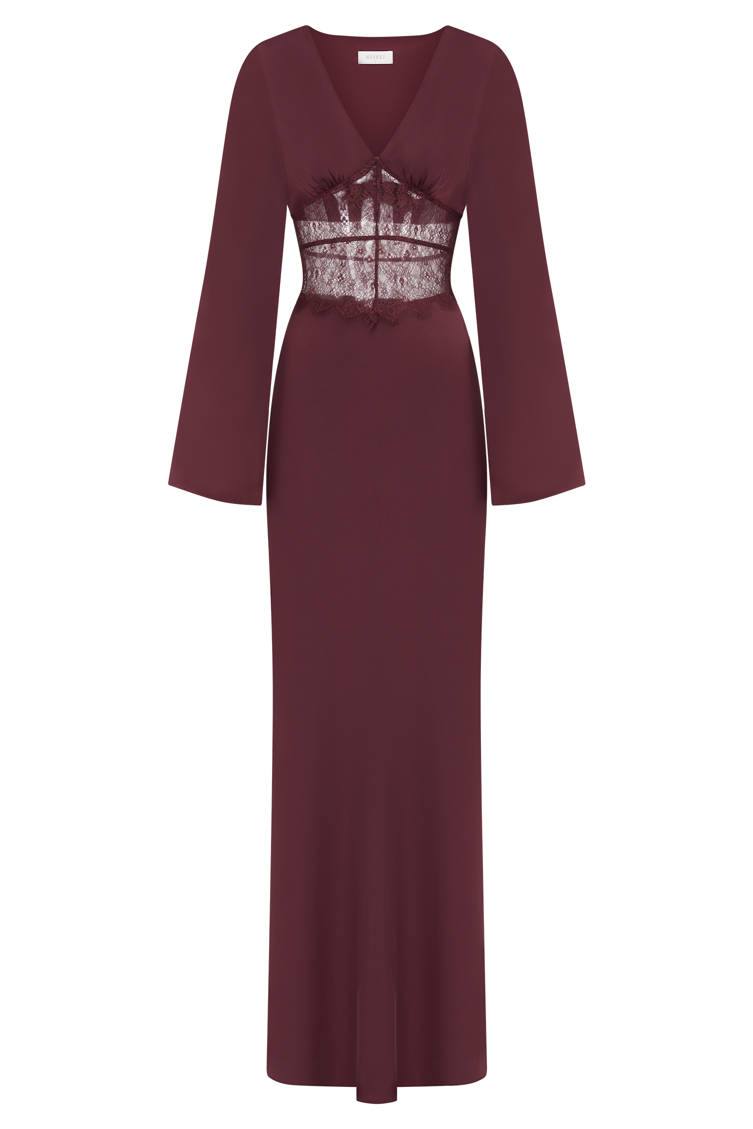 Kaya Long Sleeve Satin And Mesh Maxi Dress - Wine