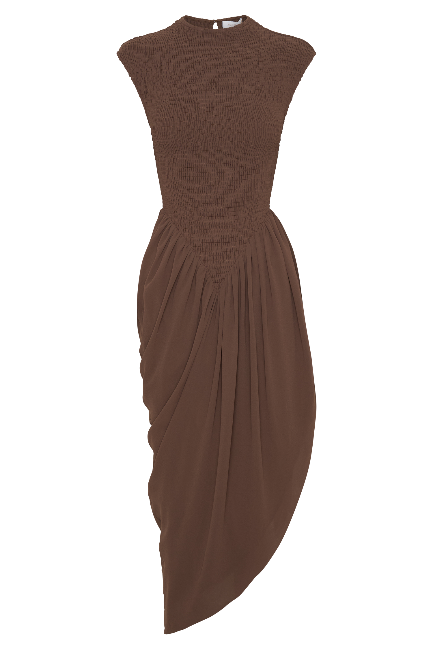 Nola Shirred Asymmetric Midi Dress - Mocha
