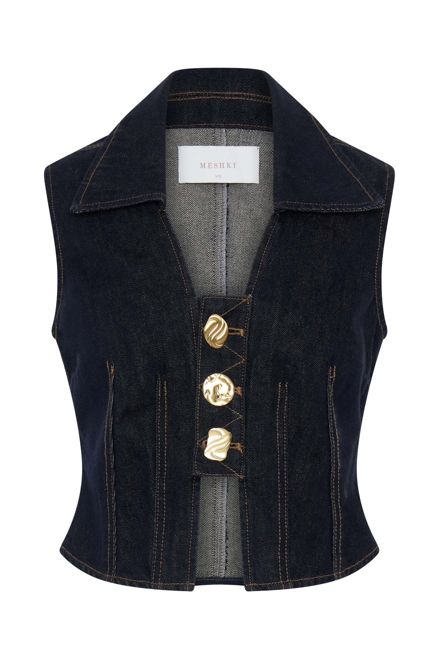 Shona Denim Vest With Decorative Buttons - Washed Indigo Blue